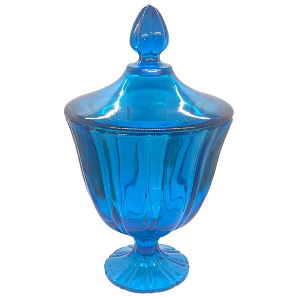 Vintage LE Smith Blue Glass Covered Pedestal Compote Candy Dish w/ Lid 10” EUC - Picture 3 of 14
